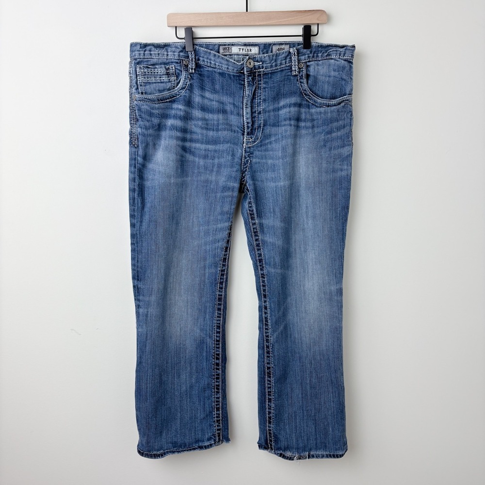 BKE Buckle Tyler Straight Distressed Denim Jeans Mens 40S Blue Thick Stitch Y2K‎
